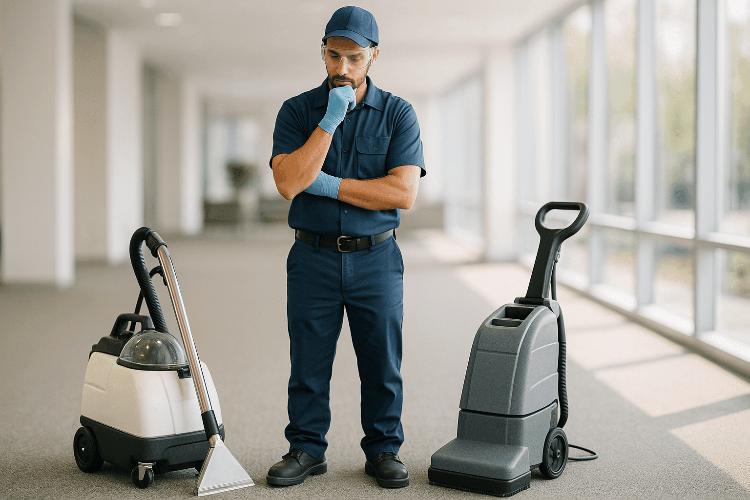 Technician comparing carpet cleaning equipment in a clean office lobby