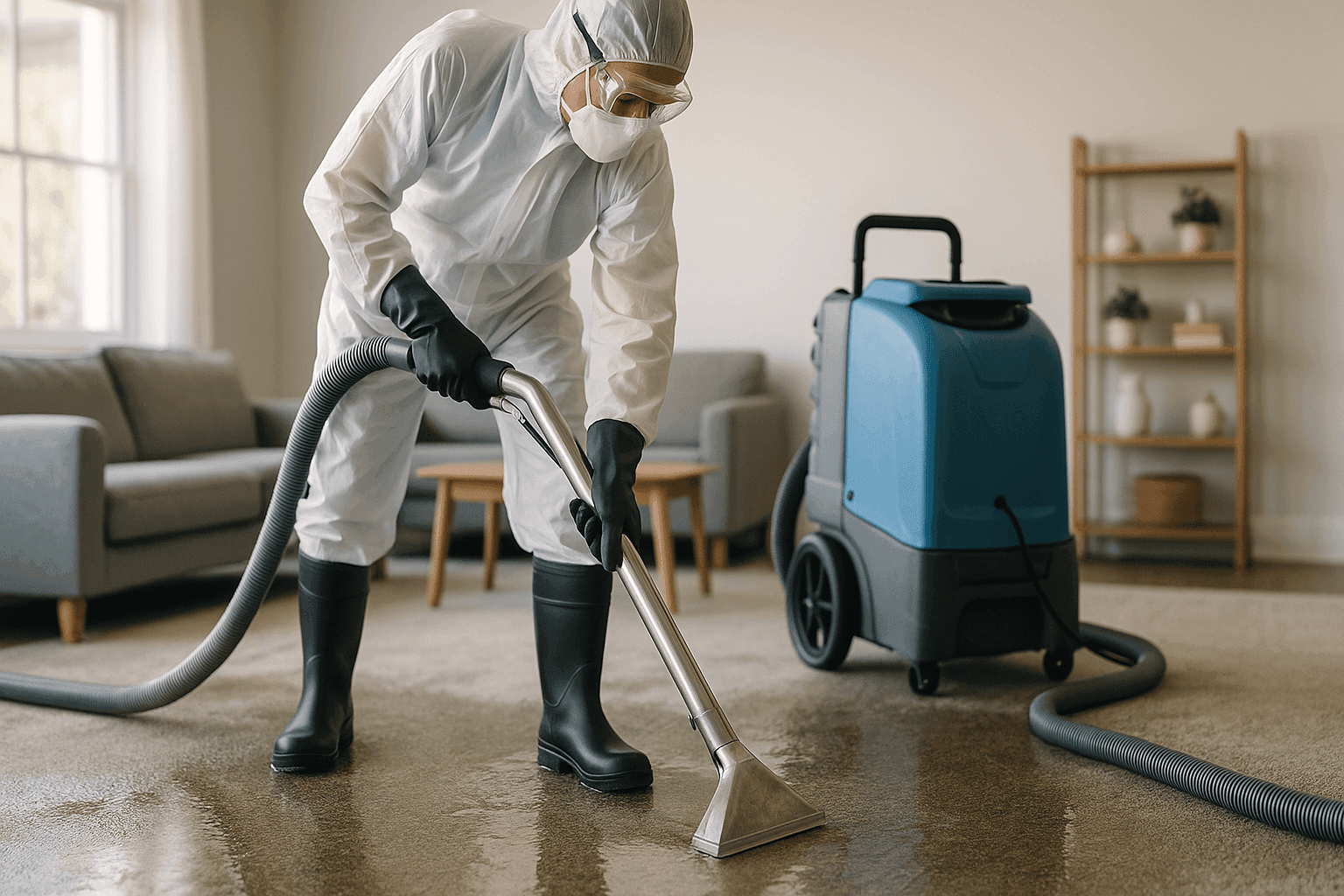 Technician using water extraction equipment on soaked carpet