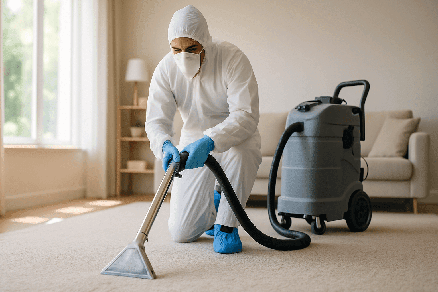 Technician deep cleaning carpet in bright family room with allergy-safe equipment